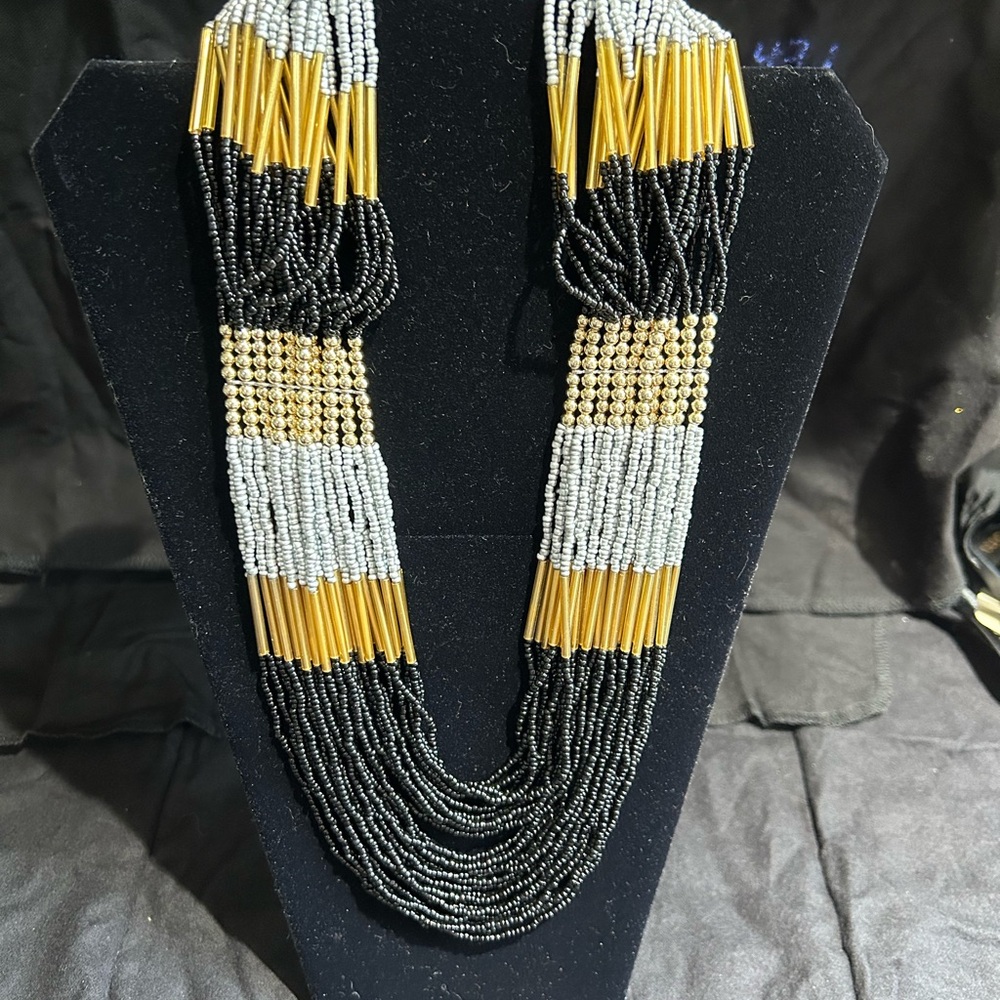 NWT Park Lane "Bavarian" Layered Bohemian Beaded Necklace in Black, Gold& Silver